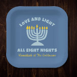 "Love and Light" Jewish Eight Nights of Hanukkah Paper Plate<br><div class="desc">Celebrate each night of Hanukkah with these beautiful "Love and Light" plates, perfect for serving holiday treats and traditional dishes. Featuring a serene blue background, a radiant menorah illustration, and the heartfelt message "Love and Light All Eight Nights, " these plates bring warmth and joy to your holiday table. Personalised...</div>