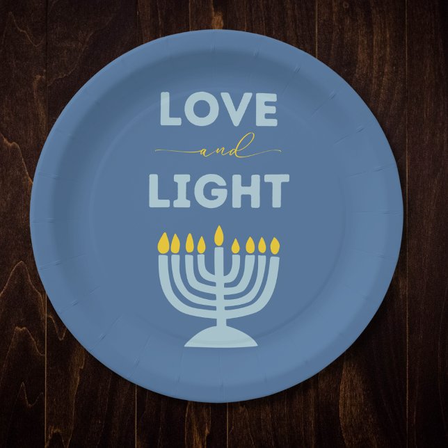 "Love and Light" Jewish Menorah Blue Hanukkah Paper Plate (Creator Uploaded)