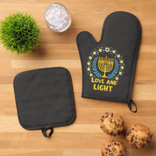 Love and Light Menorah Jewish Hanukkah Holiday Oven Mitt & Pot Holder Set