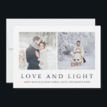 Love and Light | Modern Hanukkah Two Photo Holiday Card<br><div class="desc">This elegant,  simple Hanukkah card features two of your personal photos,  and the words "love and light" in midnight blue text. The back contains a trendy leafy design for a totally stylish holiday look.</div>