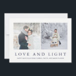 Love and Light | Modern Hanukkah Two Photo Holiday Card<br><div class="desc">This elegant,  simple Hanukkah card features two of your personal photos,  and the words "love and light" in midnight blue text. The back contains a trendy leafy design for a totally stylish holiday look.</div>