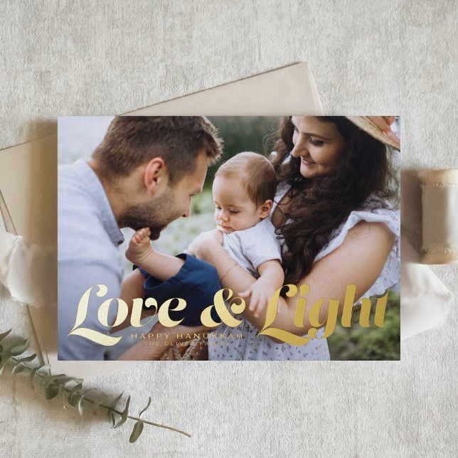 Love and Light Retro Typography Photo Hanukkah Foil Holiday Card (Creator Uploaded)