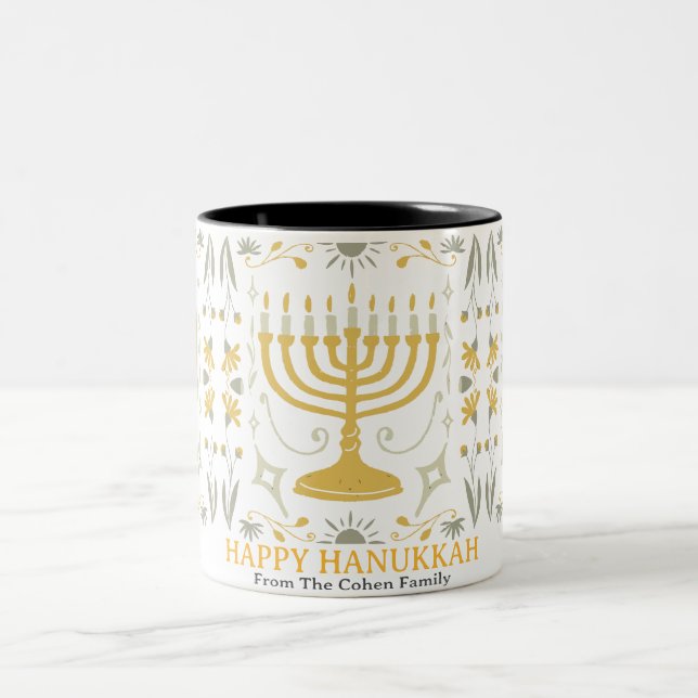Love and Light | Simple Happy Hanukkah family  Two-Tone Coffee Mug (Center)