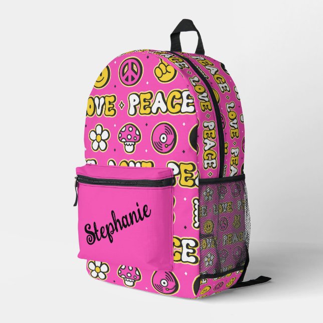 Love and Peace Hippy Style Personalised Printed Backpack (Back Corner Right)