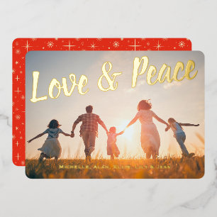 Love and Peace Red Sparkle Retro Christmas Foil Holiday Card