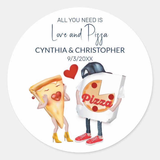 Love and Pizza Funny Wedding Classic Round Sticker (Front)