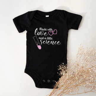 Love and Science IVF Quote Pink White Text Baby Bodysuit
