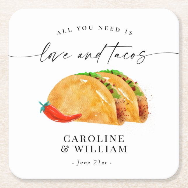 Love and Tacos Rehearsal Dinner Square Paper Coaster (Front)