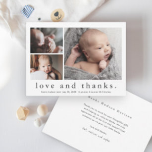 Love and Thanks 3 Photo Baby Thank You Card