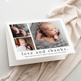 Love and Thanks 3 Photo Collage Baby Thank You Card