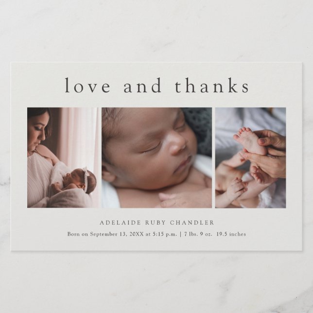 Love and Thanks 3 Photo New Baby Thank You Card (Front)