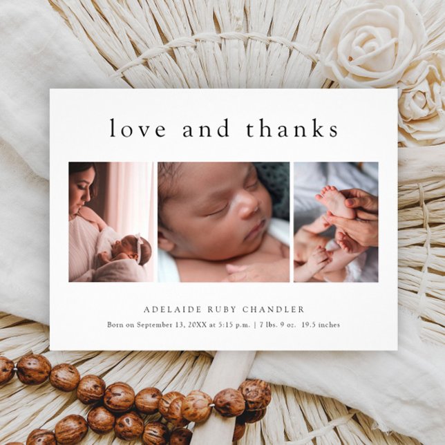 Love and Thanks 3 Photo New Baby Thank You Card Fl (Simple typographic love and thanks budget 3 photo birth announcement baby thank you card.)