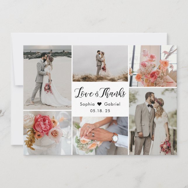 Love and Thanks 6 Photo Collage Wedding Thank You Card (Front)