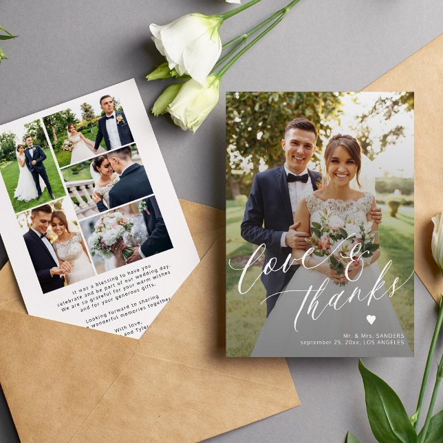 Love and thanks 6 photo collage wedding  thank you card (Creator Uploaded)