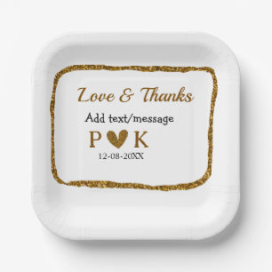 Love and thanks add couple name golden black weddi paper plate