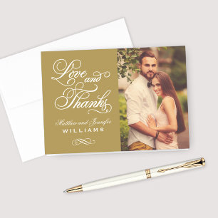 Love and Thanks Antique Gold Wedding Photo Thank You Card