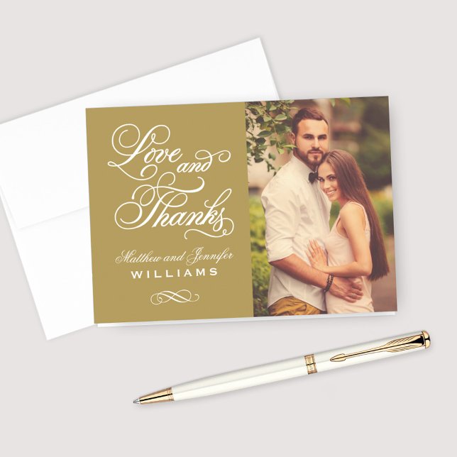 Love and Thanks Antique Gold Wedding Photo Thank You Card (Creator Uploaded)