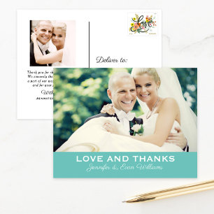 Love and Thanks Aqua Blue Wedding Monogram Photo Postcard