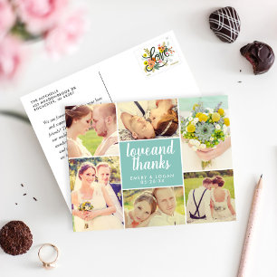 Love and Thanks Aqua Blue Wedding Photo Collage Postcard