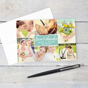 Love and Thanks Aqua Blue Wedding Photo Collage Thank You Card