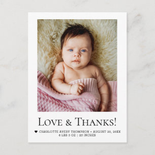 Love and Thanks Baby Girl Photo Birth announcement Postcard