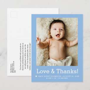Love and Thanks Baby Photo Birth announcement Blue Postcard