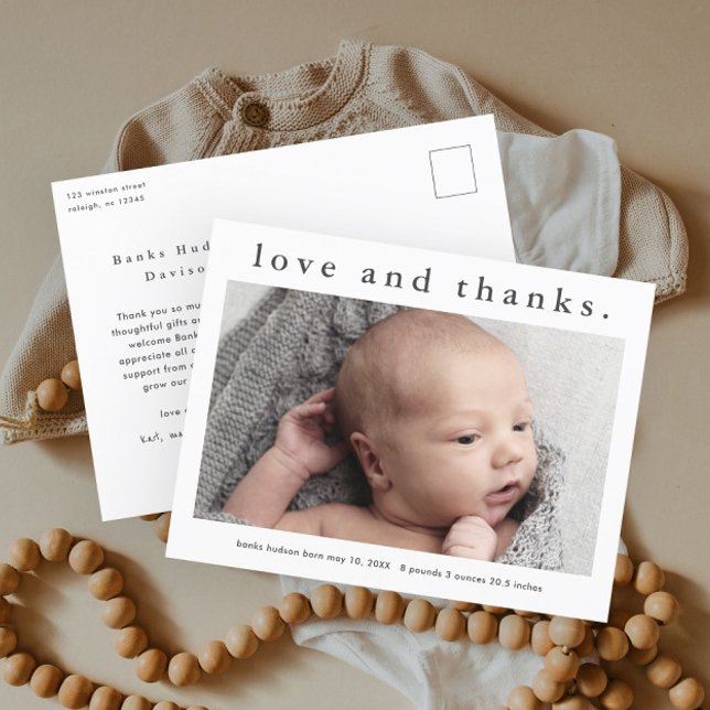 Love and Thanks Baby Photo Birth Announcement Postcard (Simple Photo Baby Thank You Postcard and Birth Announcement.)