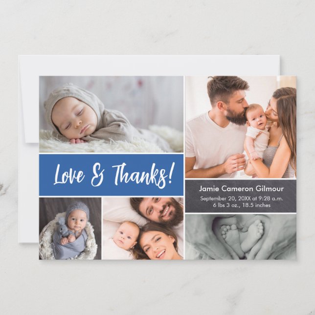 Love and Thanks Baby Photo Collage Blue Thank You Card (Front)