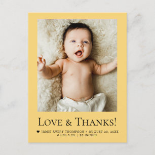 Love and Thanks Baby Photo yellow orange Birth Postcard