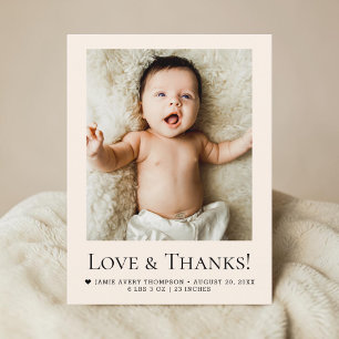 Love and Thanks Beige Baby Photo Birth Postcard