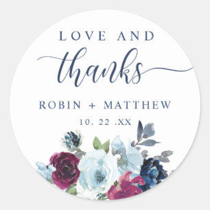 Love and Thanks Berry Blue Burgundy Floral Favour Classic Round Sticker