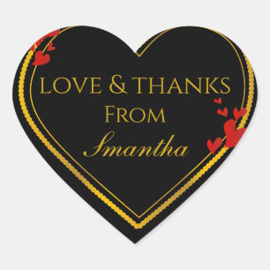 Love and Thanks Black and Gold Faux Foil Thank You Heart Sticker