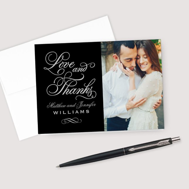 Love and Thanks Black and Silver Wedding Photo Thank You Card (Creator Uploaded)