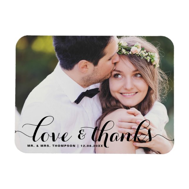 Love and Thanks | Black Calligraphy Photo Wedding Magnet (Horizontal)