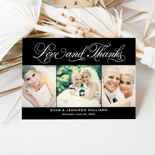 Love and Thanks Black Script Wedding Photo Collage Thank You Card