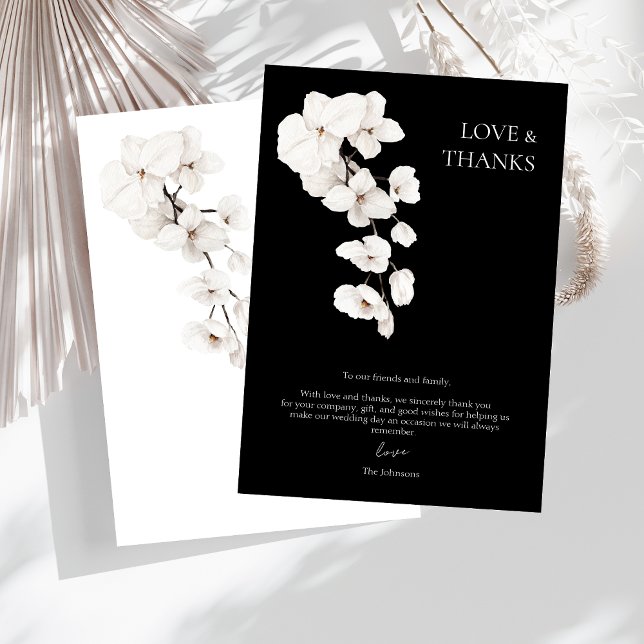 Love and Thanks Black White Orchids Floral Wedding Thank You Card (Modern Black and White Orchids Flowers Love and Thanks Wedding Thank You Card )