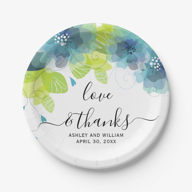 Love and thanks blue flowers, floral wedding paper plate (Front)