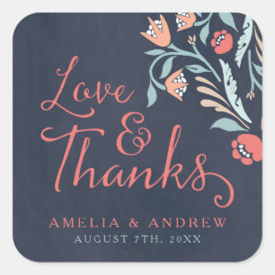 Love and Thanks Bluish Chalkboard Floral Wedding Square Sticker