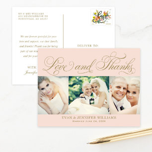 Love and Thanks Blush Gold Photo Wedding Thank You Postcard