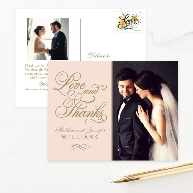 Love and Thanks Blush Gold Photo Wedding Thank You Postcard (Creator Uploaded)