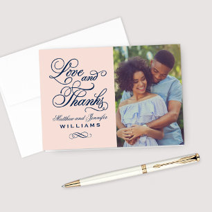 Love and Thanks Blush Navy Wedding Photo Thank You Card