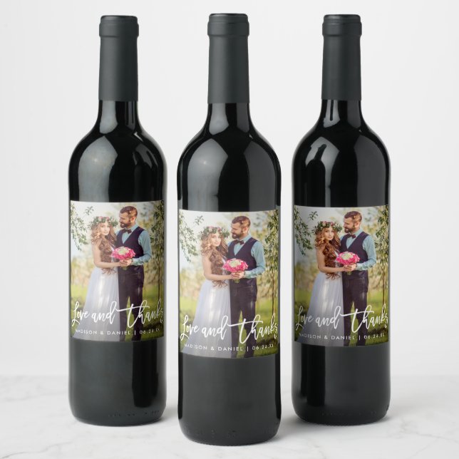 Love and Thanks | Brush Script Wedding Thank You Wine Label (Bottles)