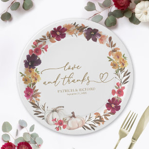 Love And Thanks Burgundy Floral Pumpkin Wedding Paper Plate