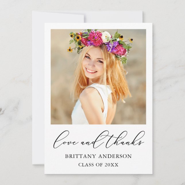 Love and Thanks Calligraphy Ink Script Graduation Thank You Card (Front)