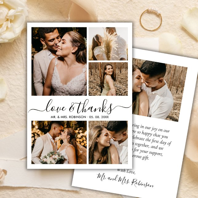 Love and Thanks Chic Script Photo Collage Wedding Thank You Card (Creator Uploaded)