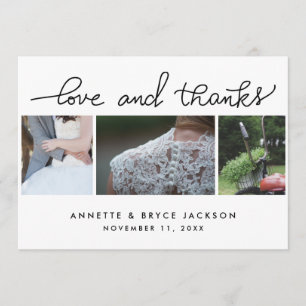 Love And Thanks Cute Script Wedding Three Photos Thank You Card