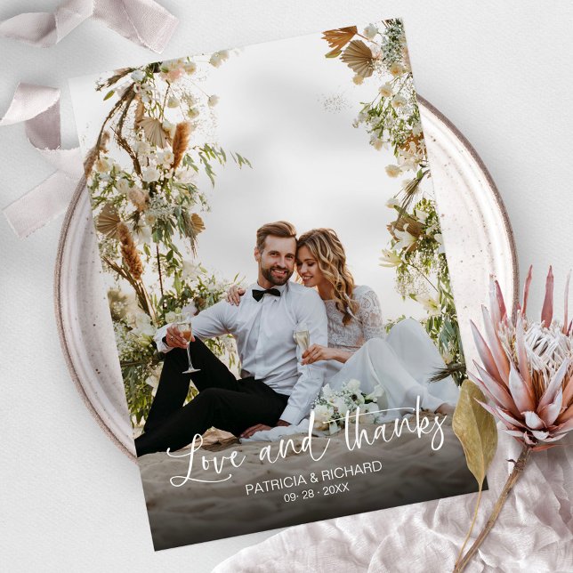 Love And Thanks Elegant Calligraphy Photo Wedding Thank You Card (Creator Uploaded)