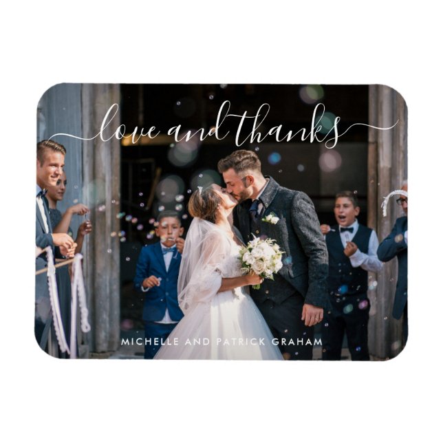 Love and Thanks Elegant Script Photo Wedding Magnet (Horizontal)