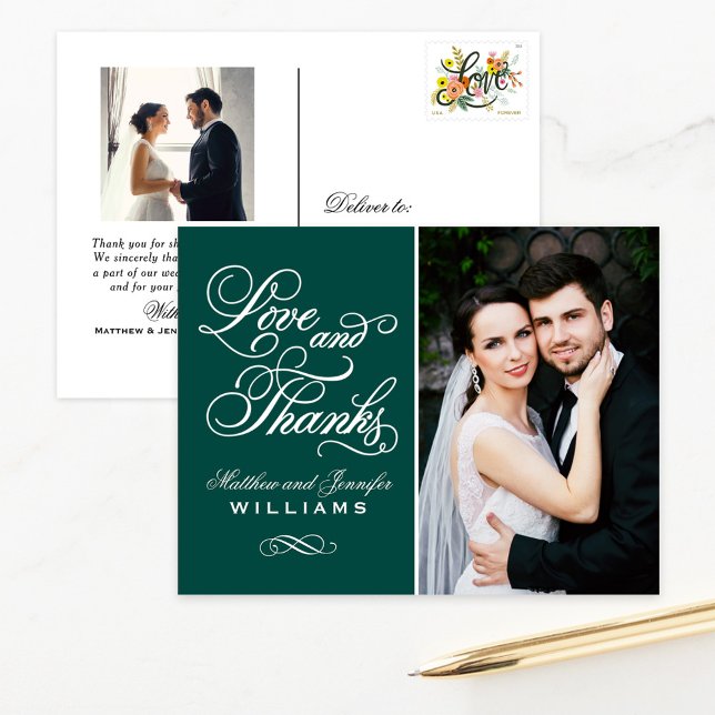 Love and Thanks Emerald Wedding Photo Thank You Postcard (Creator Uploaded)