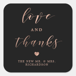 Love and Thanks   Faux Rose Gold and Black Wedding Square Sticker